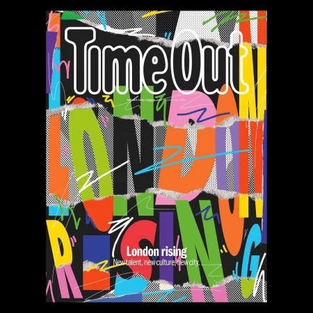 Time Out magazine cover featuring colorful, torn paper art spelling out 'London Rising' against a black, halftone-patterned background.