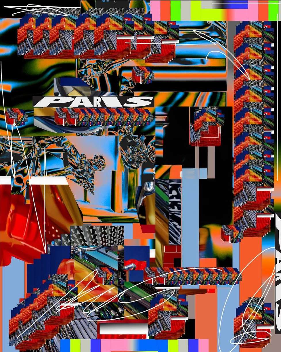 Abstract digital collage with geometric shapes, bold colors, and "Paris" text. Modern and dynamic composition with layered elements.