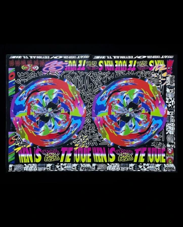 Bold, vibrant art featuring colorful abstract swirls and graffiti-style text in black, yellow, and green against a contrasting dark background.