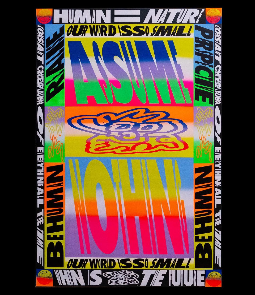 Colorful graphic art featuring stacked, blurred words in neon hues, with text borders and a black background, presenting a contemporary aesthetic.