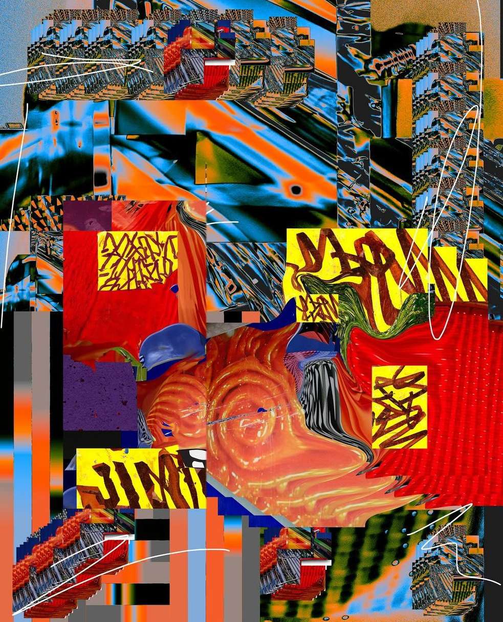 Abstract digital collage with bright colors and geometric patterns, featuring shades of red, orange, blue, and yellow creating a distorted scene.