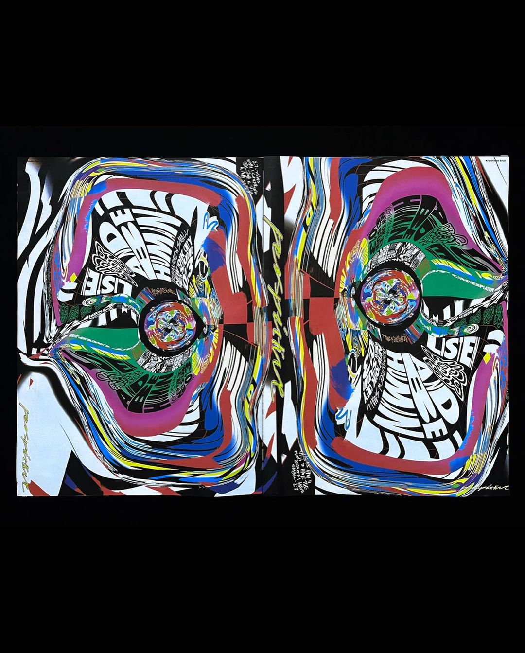 Abstract artwork with colorful swirls and geometric shapes on a black background, resembling an opened book or a symmetrical design.