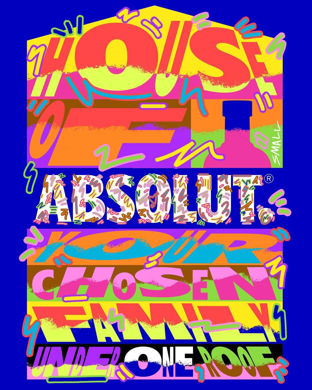 Graphic art featuring colorful typography and a bottle shape on a vibrant blue background with playful squiggles and dynamic composition.