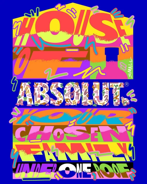 Graphic art featuring colorful typography and a bottle shape on a vibrant blue background with playful squiggles and dynamic composition.