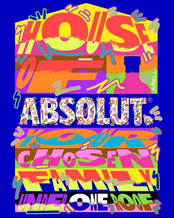 Graphic art featuring colorful typography and a bottle shape on a vibrant blue background with playful squiggles and dynamic composition.