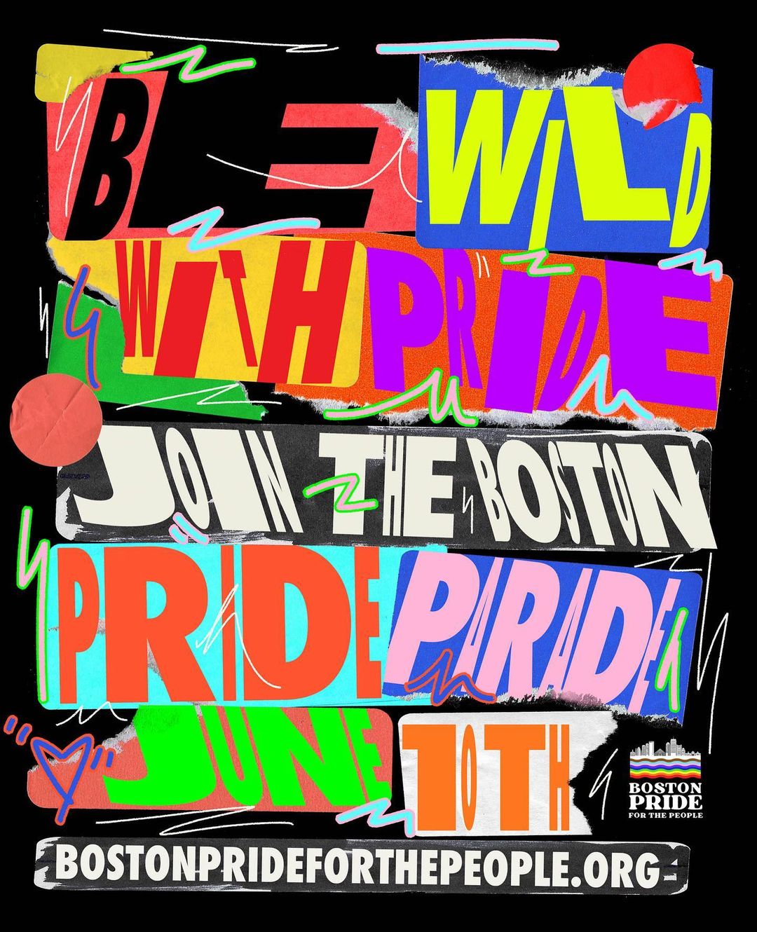 Colorful graphic art promoting Boston Pride on June 10th, featuring vibrant collage-style text and design elements on a black backdrop.