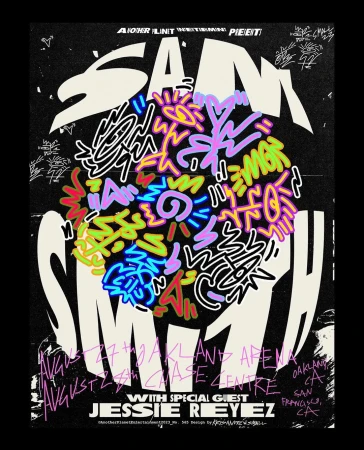 Concert promotional poster for Sam Smith featuring colorful graffiti-style accents and bold text, promoting tour dates in Oakland and San Francisco.