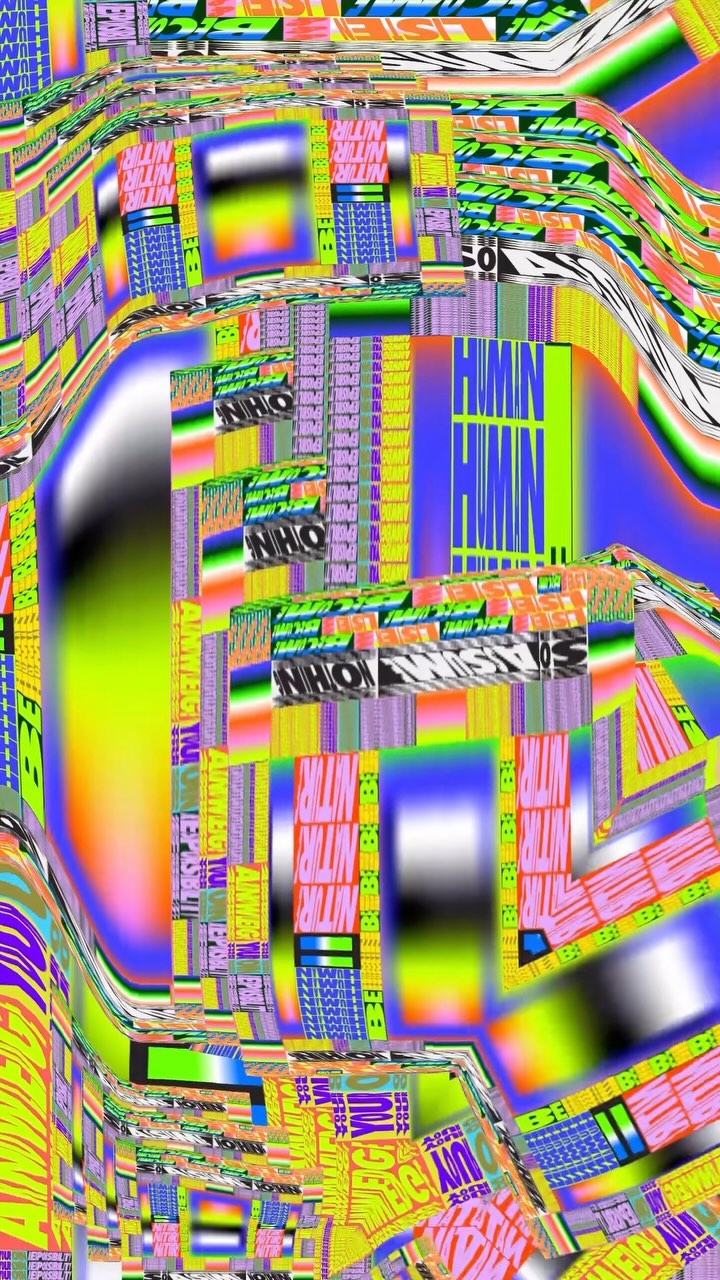 Abstract digital art with geometric shapes, distorted text, and vibrant colors, creating a visually complex and dynamic composition.