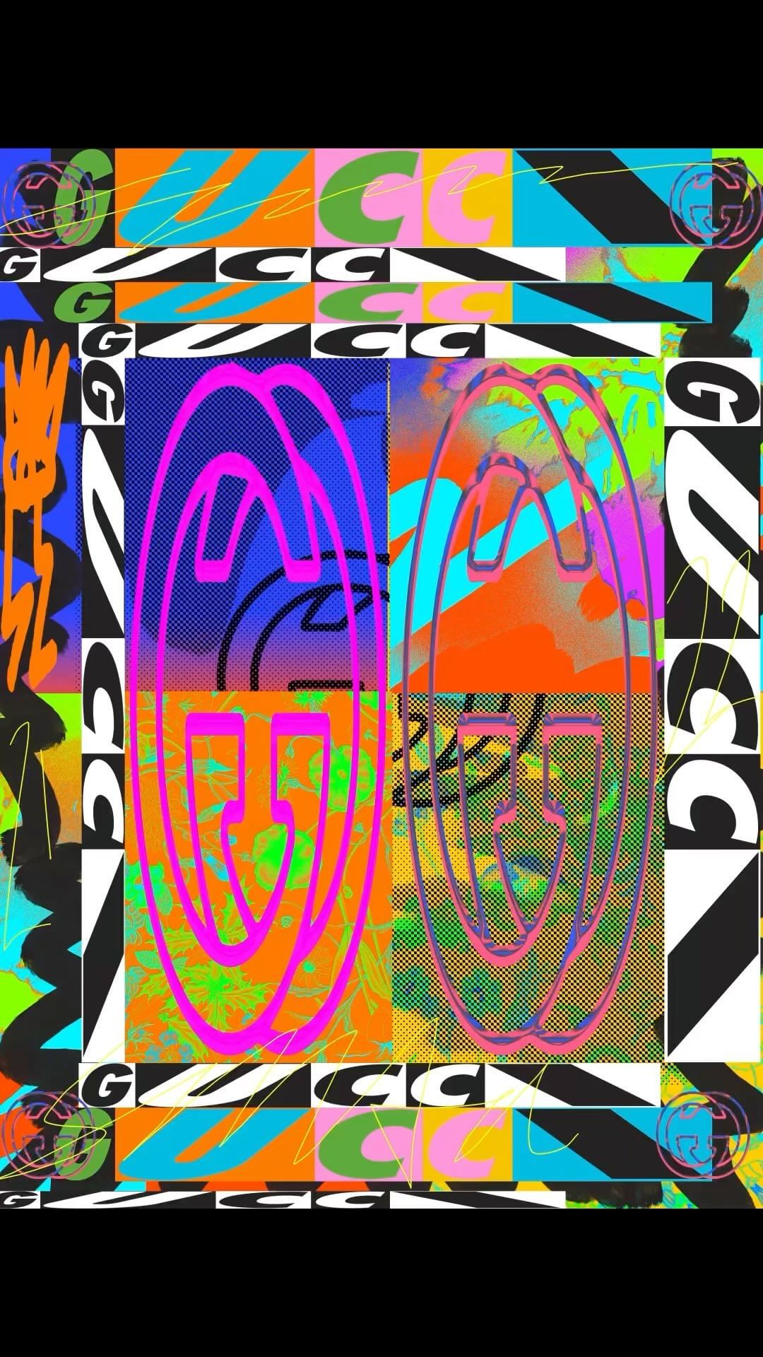 Abstract graphic art with Gucci logos, featuring vibrant colors, geometric shapes, and a mix of digital and hand-drawn elements.
