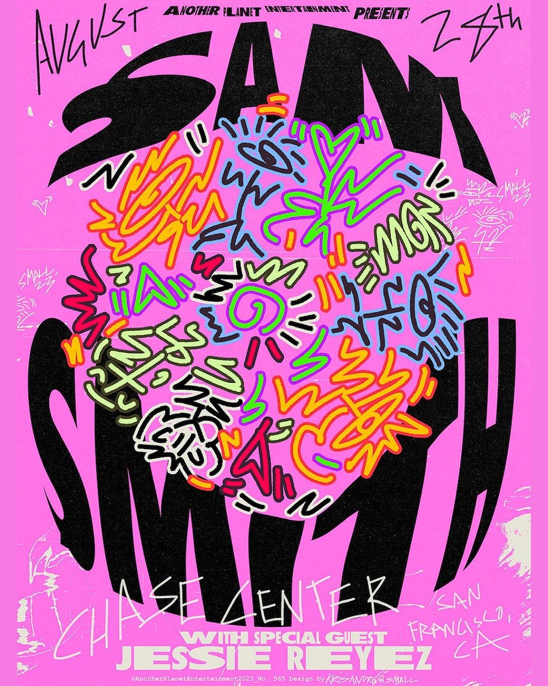 Concert advertisement poster featuring 'Sam Smith' and 'Jessie Reyez' in a pink and black design with colorful doodle art.