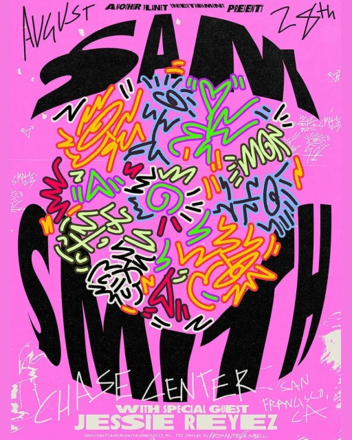 Concert advertisement poster featuring 'Sam Smith' and 'Jessie Reyez' in a pink and black design with colorful doodle art.