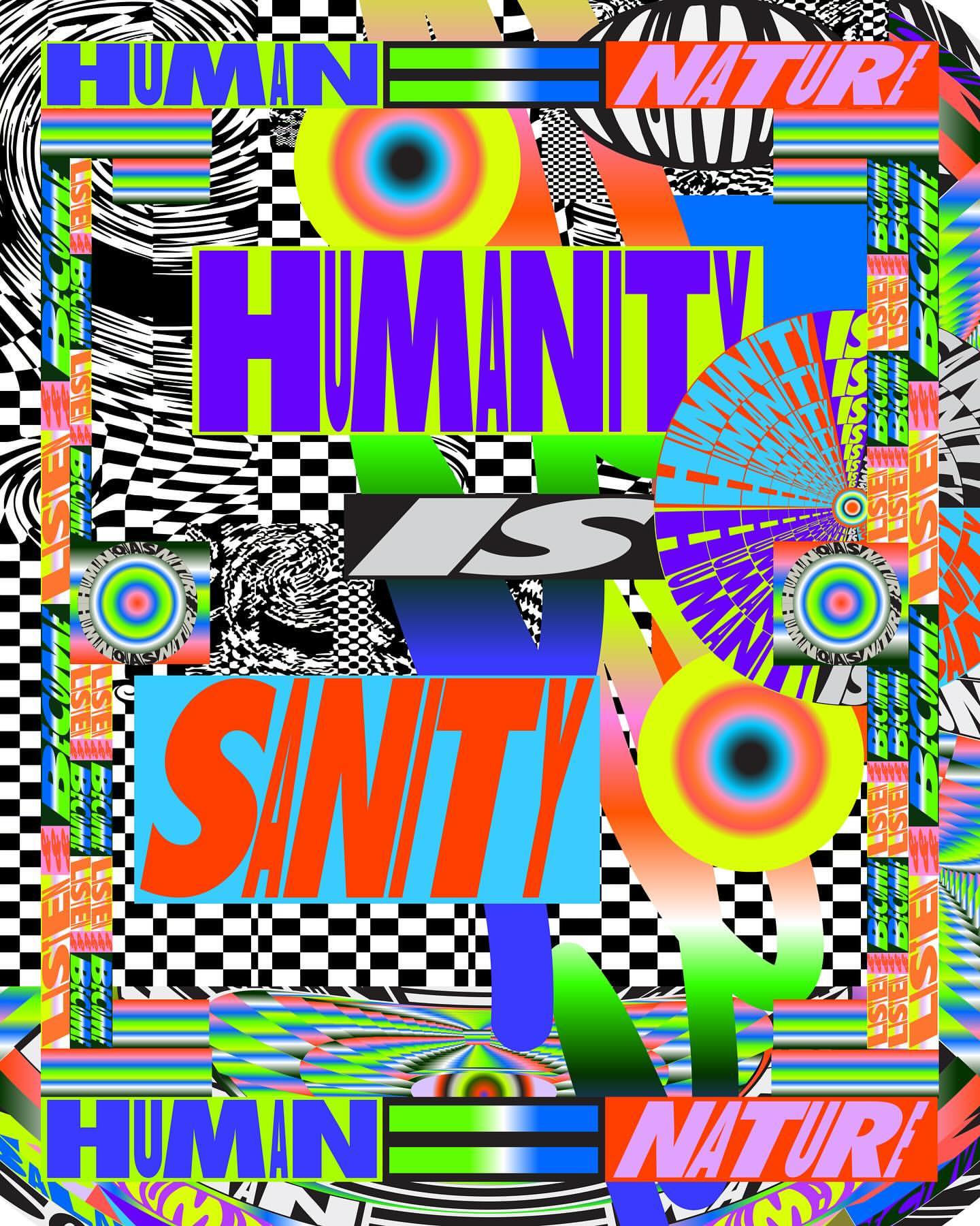 Abstract digital collage with geometric patterns, bright colors, and overlaid typography including the words 'Humanity' and 'Nature.'