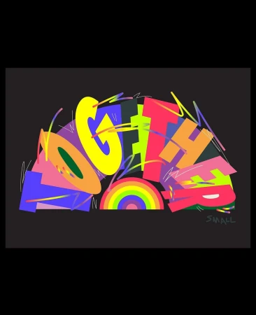 Abstract art featuring colorful graffiti-style lettering and a rainbow arc against a dark background, with a dynamic, modern design.