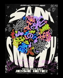 Concert poster illustration by Kris Andrew Small featuring bold white typography and colorful hand drawn doodles over a black background.