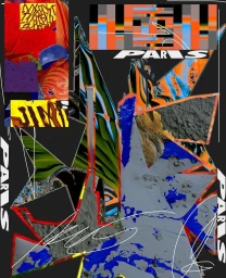 Vibrant abstract collage with geometric shapes, bold typography, and textured paint layers by Kris Andrew Small.
