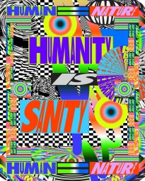 Vibrant maximalist typographic illustration featuring bold neon text reading HUMANITY IS SANTI and checkered geometric background patterns.