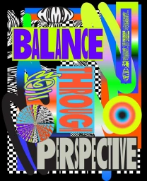 Vibrant typographic illustration featuring bold neon text reading balance through perspective by Kris Andrew Small