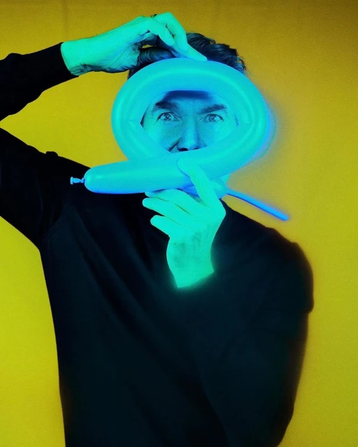 Adult male in a black shirt holding an inflated, elongated blue balloon twisted into a circular shape, set against a yellow background.
