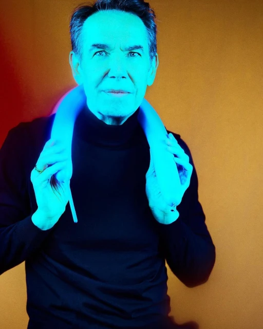 Headshot of a senior adult male with a light blue device around his neck in front of an orange background, wearing a black turtleneck.