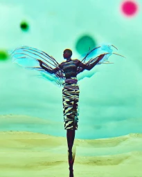 Model with large translucent blue wing-like structures and striped skirt standing before a desert landscape.