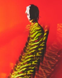 Model with patterned projection across body against vibrant red background photographed by Kristian Schuller