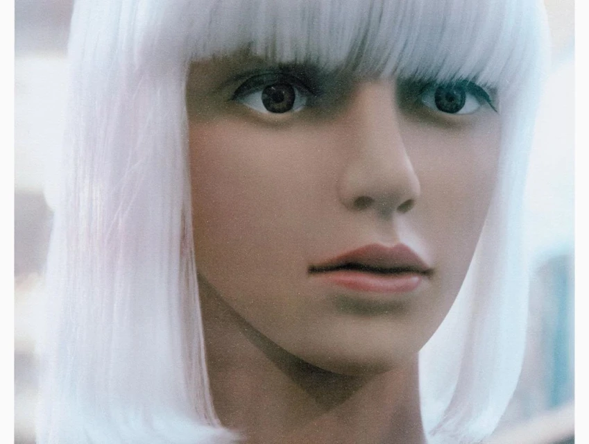 Close-up of a person with pale skin and a white, short bob wig looking directly at the camera with a neutral facial expression.