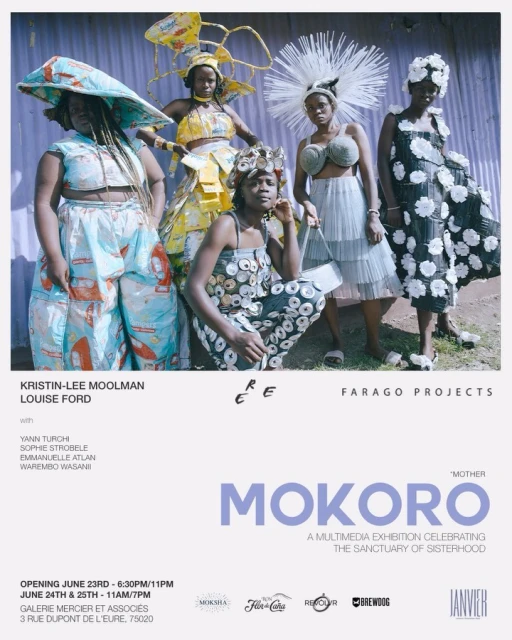 Five Black women in unique fashion pose in front of a corrugated metal wall, art exhibition poster in foreground.