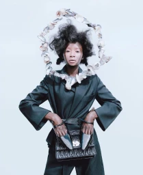 Black woman wearing a dark blazer and a circular seashell halo crown by photographer Kristin-lee Moolman