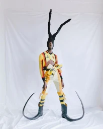 Model wearing a black balaclava with long horn-like attachments, a yellow athletic top, and black cowboy boots with upturned toes.