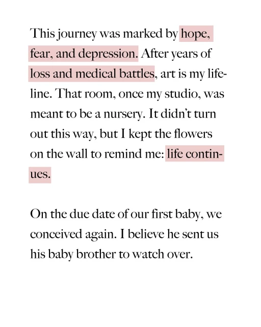 Text on a white background featuring words and phrases such as hope, fear, depression, loss, medical battles, art, studio, and life.