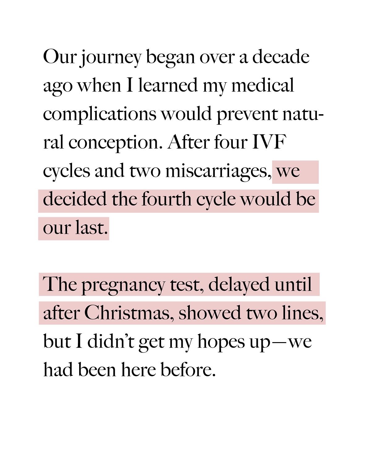 Close-up image of a page with text discussing medical complications, IVF cycles, miscarriages, and pregnancy tests. The writing is in black against a white background.