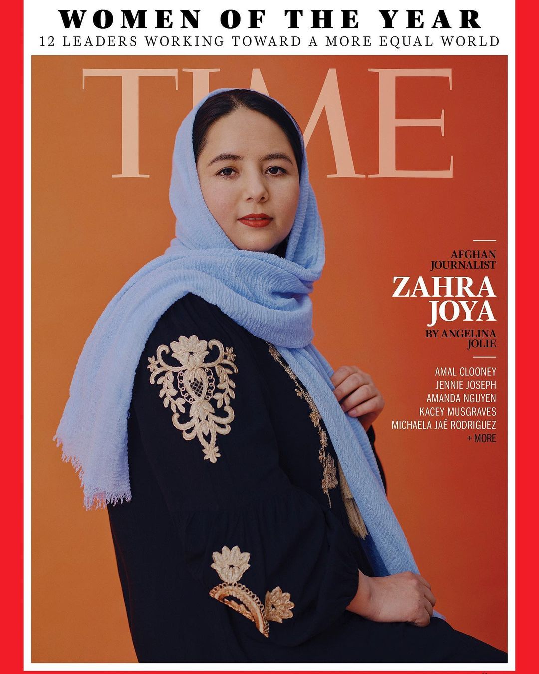 Time magazine cover featuring Afghan journalist Zahra Joya in a blue headscarf and embroidered dress against an orange background.