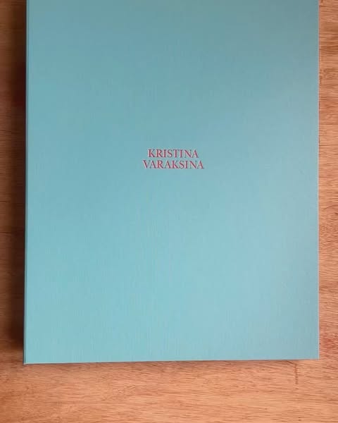 A minimalist, light blue book with coral red text, titled 'Kristina Varaksina,' resting on a light brown wooden surface, showcasing simplicity.
