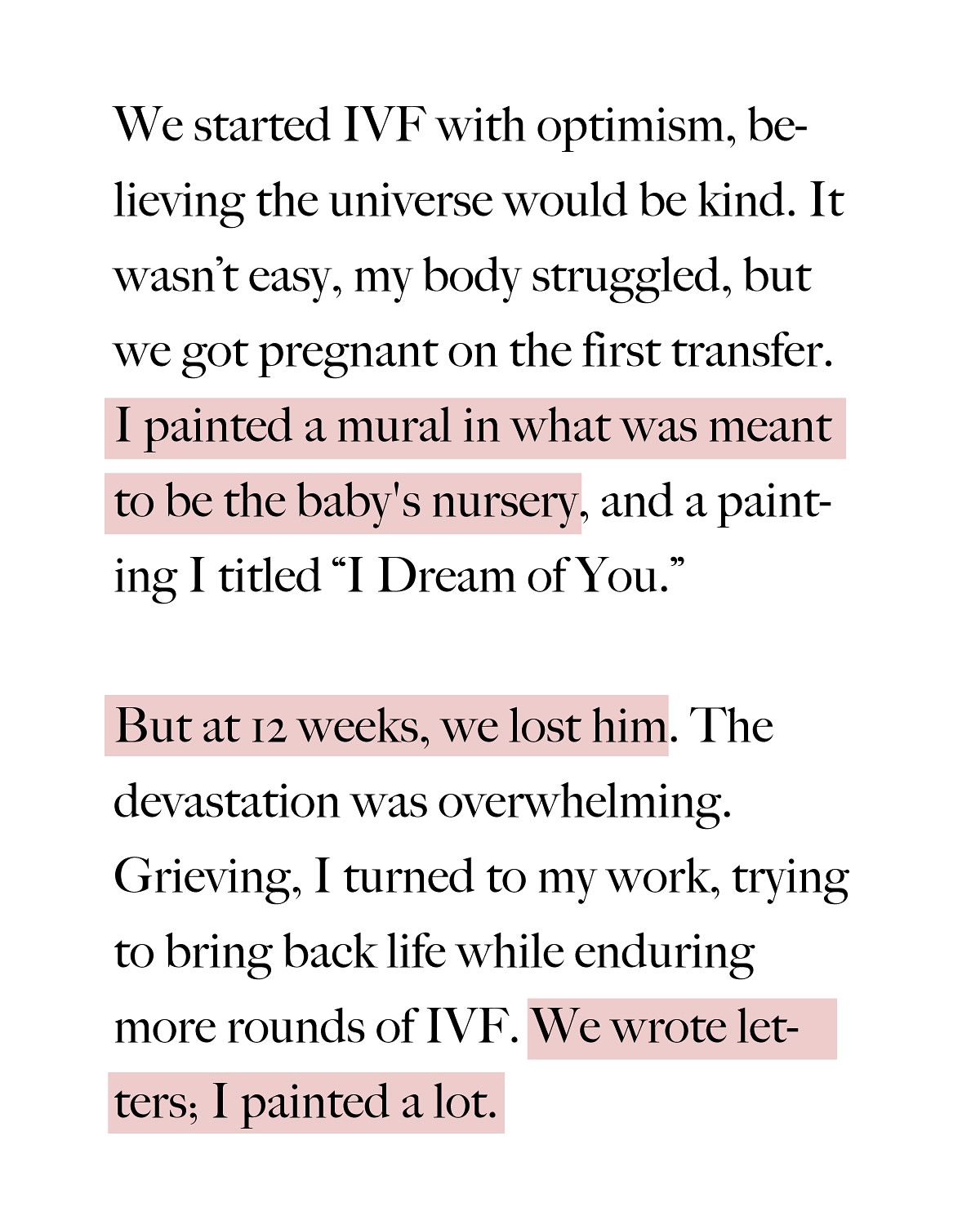 Close-up of a text passage describing IVF treatments and painting a mural, with themes of optimism, loss, and perseverance.