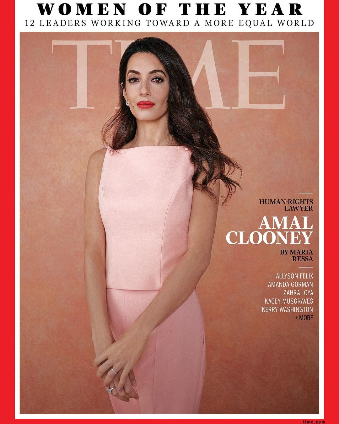 Time Magazine cover featuring Amal Clooney in a pink dress, portrait orientation, red frame, text overlay, "Women of the Year".
