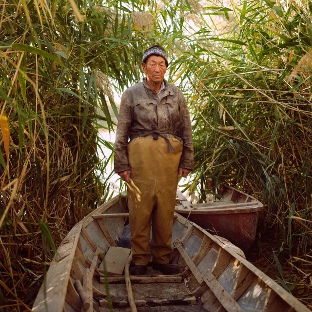 Elderly Asian fisherman in waders stands in a wooden boat surrounded by tall reeds, reflecting a life on the water in a natural setting.