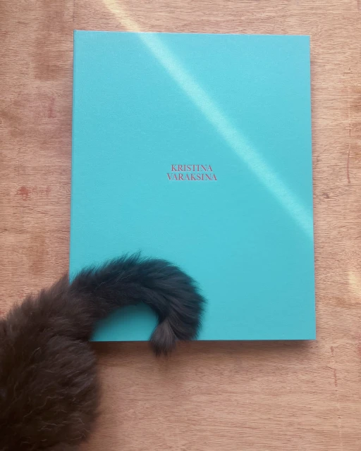 Light blue book with title “Kristina Varaksina” in pink text, with a black cat tail in the foreground on a wood surface.