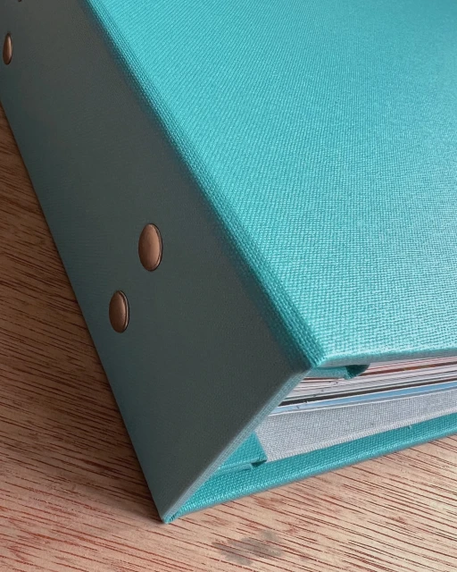Close-up on a teal three-ring binder with metal rivets, showcasing its textured cover, rings, and organized sheets of paper inside.