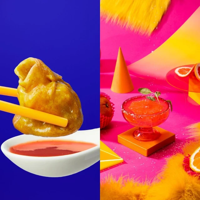 Food collage features dumpling on a spoon with sauce, paired with a dessert drink in a glass, cupcakes, and fruit against bright backgrounds.