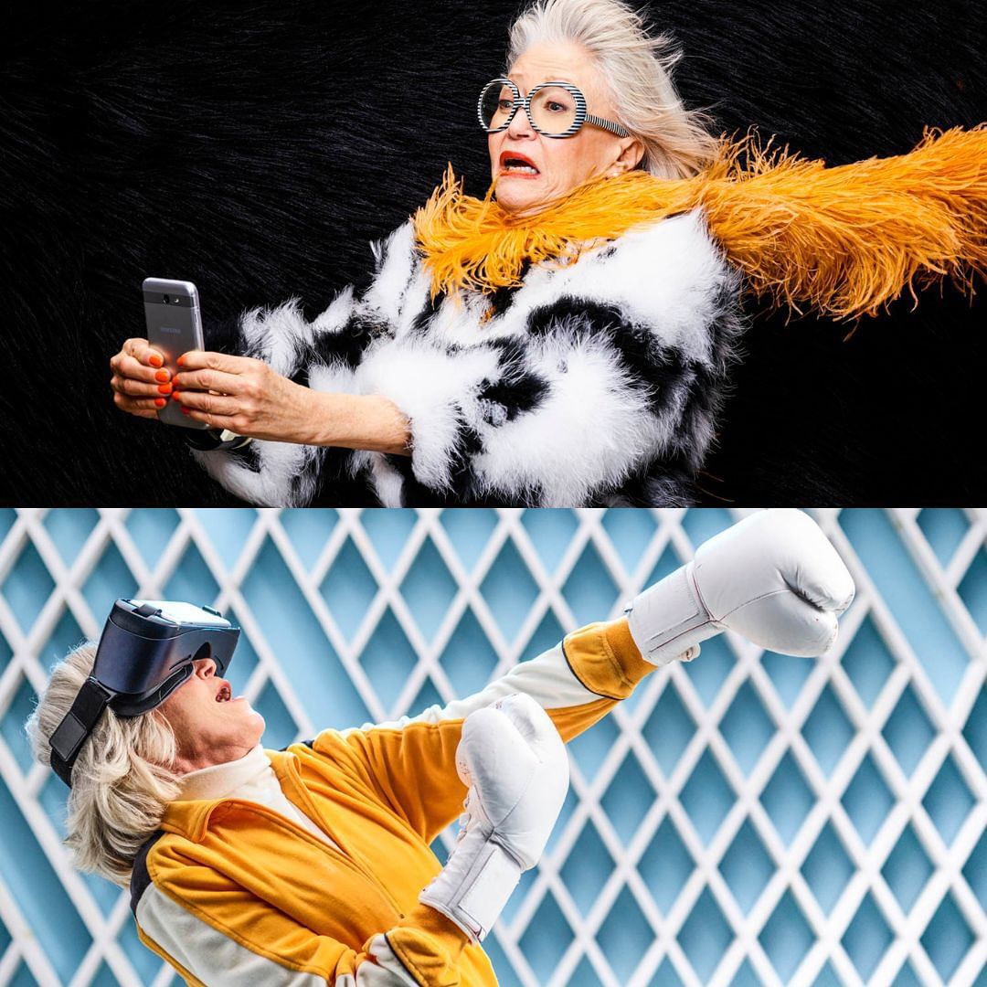 Split image of elderly woman in cow-print coat taking a selfie versus boxing in VR gear against a diamond pattern background.