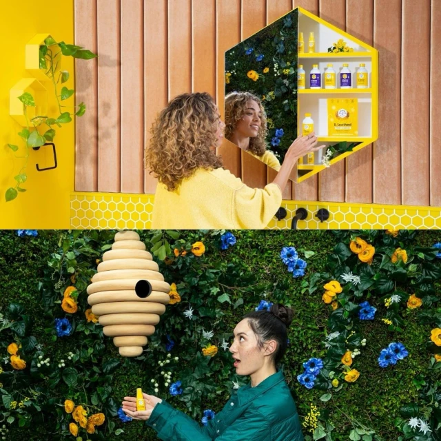 Two-part image shows women in bright, floral-themed bathroom scenes, one looking in a mirror and the other holding a product.