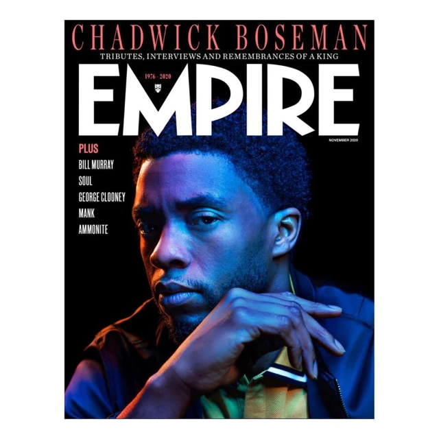 Chadwick Boseman graces Empire magazine cover. Tributes, interviews, and remembrances of a king. Close-up portrait in colorful lighting.