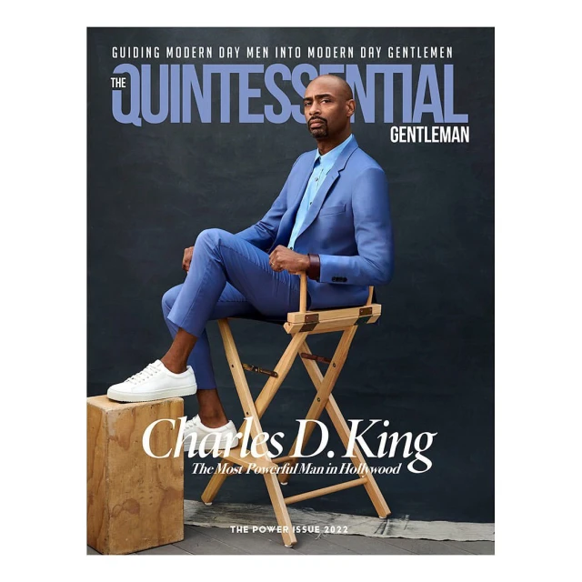 Magazine cover featuring Charles D. King in a blue suit, sitting on a director's chair. The cover text reads 'The Quintessential Gentleman'.