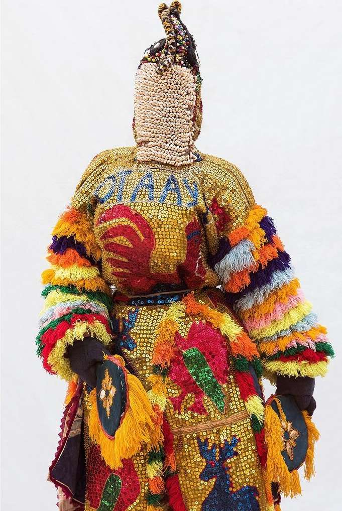 Full-length studio shot of an individual wearing a colorful, ornate costume with animal motifs and beaded details against a white backdrop.