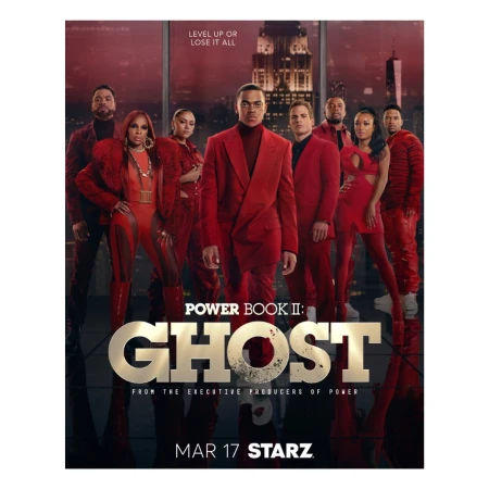Promotional image for Power Book II: Ghost featuring a group of adult men and women in red attire posing against a cityscape backdrop.