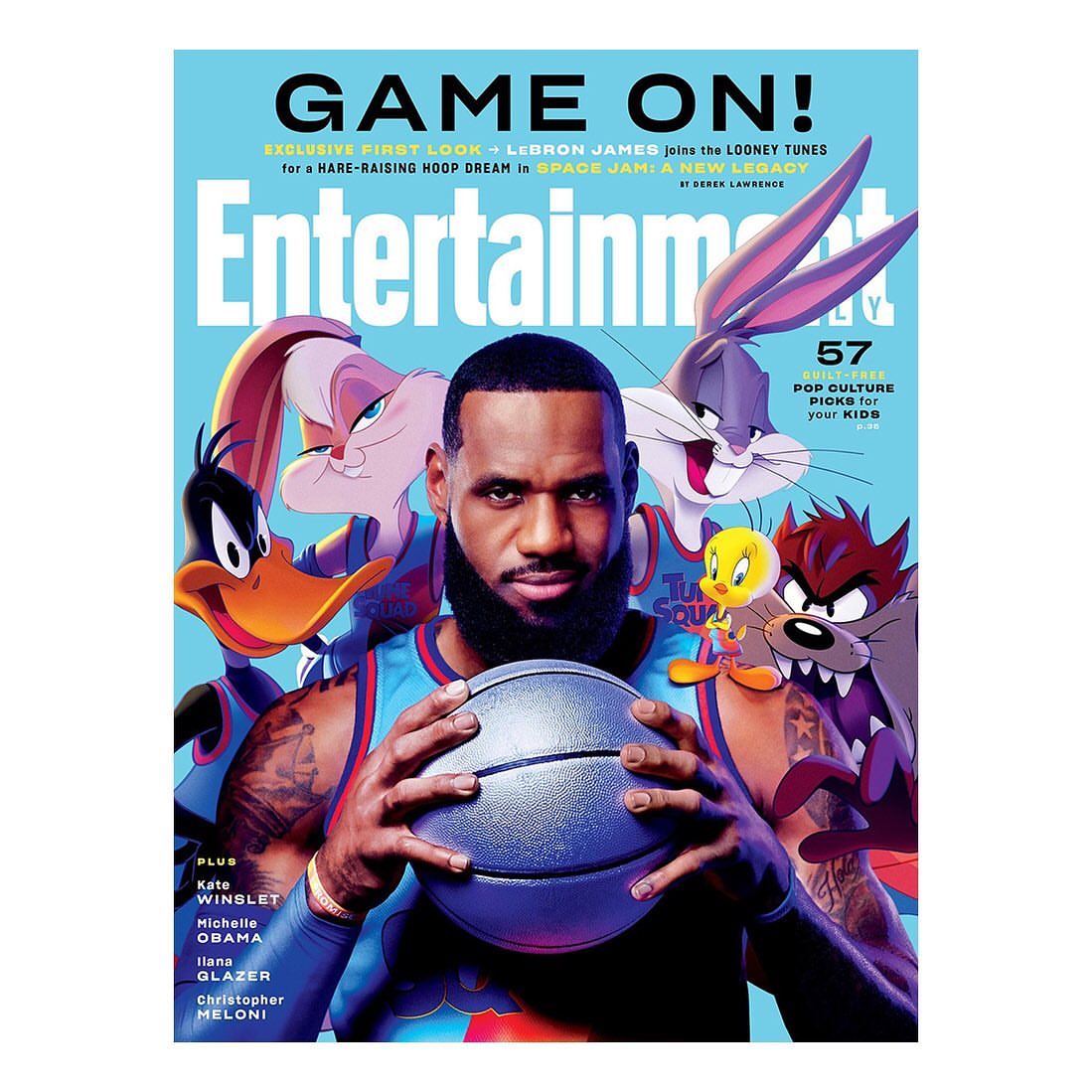 Entertainment Weekly magazine cover featuring Lebron James with Looney Tunes characters; Bugs Bunny, Daffy Duck, Tweety Bird, and Tasmanian Devil.
