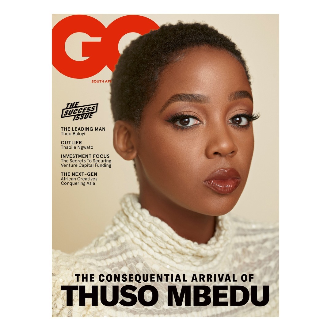 GQ Magazine cover featuring Thuso Mbedu in a close-up shot. The cover has a neutral cream background with the GQ logo on the top left.