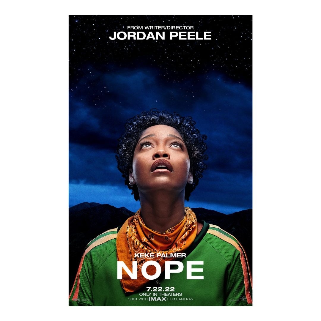 Movie poster for 'Nope' featuring Keke Palmer looking up toward the night sky and distant mountains. Science fiction and horror themes.