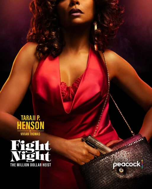 Movie poster for Fight Night featuring Taraji P. Henson, with a red dress, purse, and gun. Dark background with bright studio lighting.