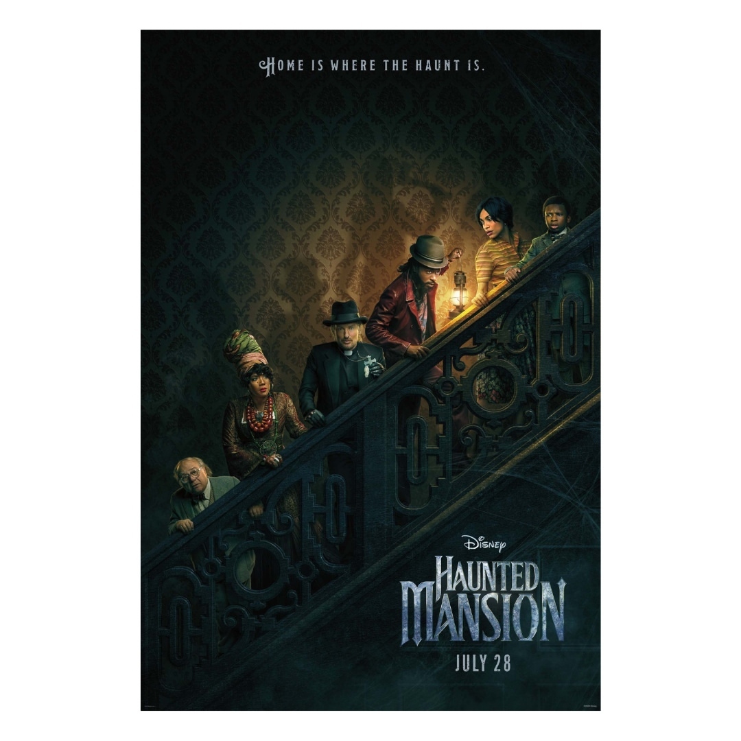 Movie poster for Disney's Haunted Mansion featuring a group of people on a staircase with a spooky, vintage design.